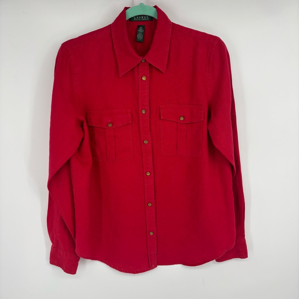 Lauren Ralph Lauren Vibrant Red Button Down Linen Shirt